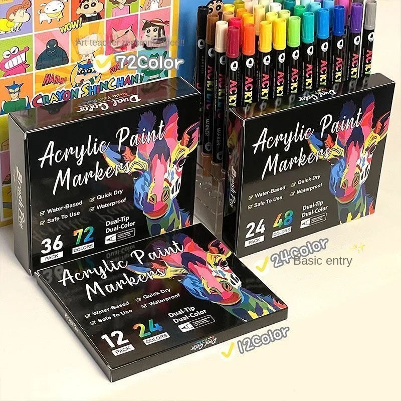 Professional Art Use 48-Color Acrylic Paint Markers, Dual-Tip Fine and Brush Tip Pens, Suitable for Stone, Wood, Calligraphy