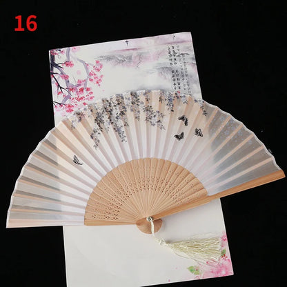 1Pc Vintage Silk Folding Fan Retro Chinese Japanese Bamboo Folding Fan Tassel Dance Hand Fan Home Decoration Ornament Craft G