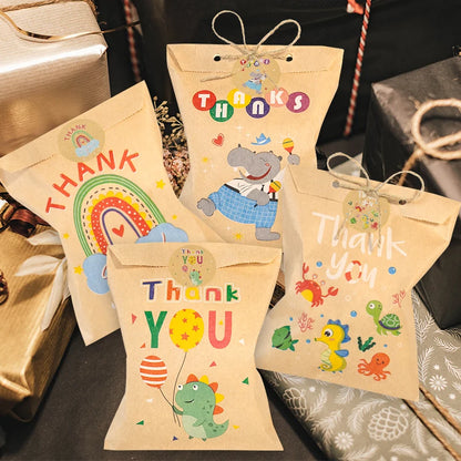 24Sets Thank You Kraft Paper Bags Cute Rainbow Dino Happy Birthday Gift Pouch Retro Flower Party Favor Bag Candy Cookie Suppl