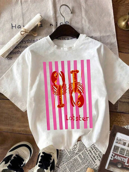 American Summer Marine Lobster Ins Printed Women Casual T-shirt Short Fashionable Y2k Personality Round Neck Comfortable T-sh