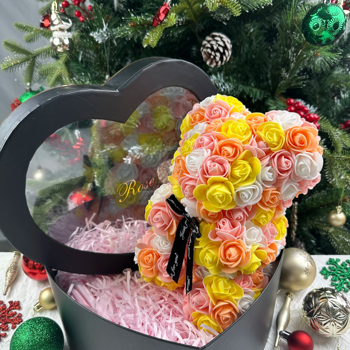 25cm Artificial Teddy Rose Flower Bear with Box Romantic Valentines Day Gift Girlfriend Women Anniversary Wedding Party Suppl