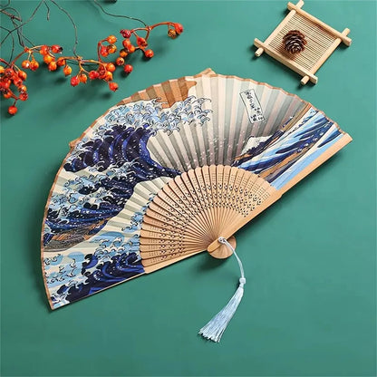 1pc, Japanese Folding Fan Handmade Decorative Kanagawa Wave Foldable Fan Handheld Vintage Hand Fans For Women Portable Foldin