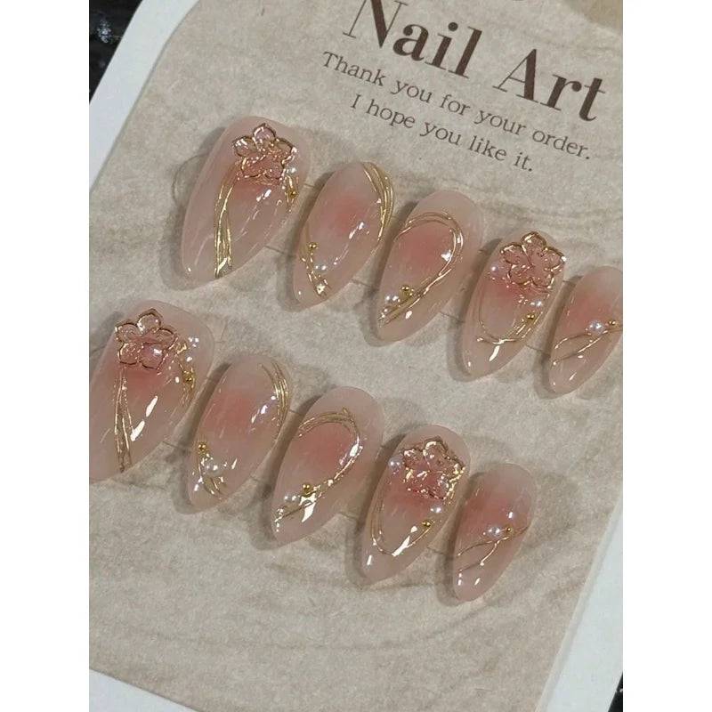 10pcs Handmade Almond Shaped Nail Art Pieces, Inlaid With Golden Flower Strips Detachable and Reusable