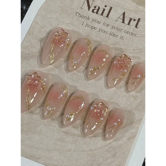 10pcs Handmade Almond Shaped Nail Art Pieces, Inlaid With Golden Flower Strips Detachable and Reusable