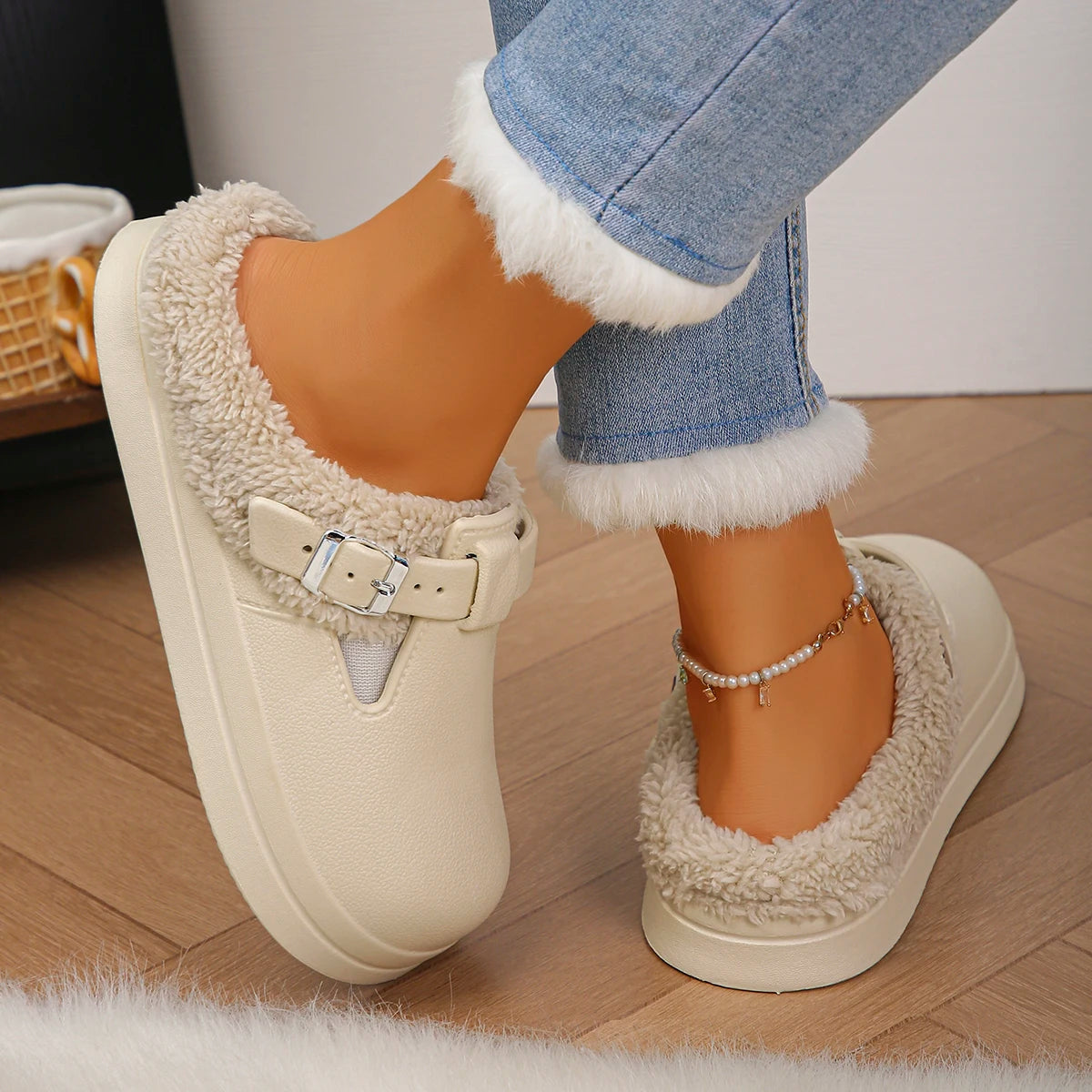 Waterproof Eva Furry Mules Slippers Women 2025 Winter Metal Buckle Warm Plush Slippers Soft Thick Bottom Non Slip Indoor Slid