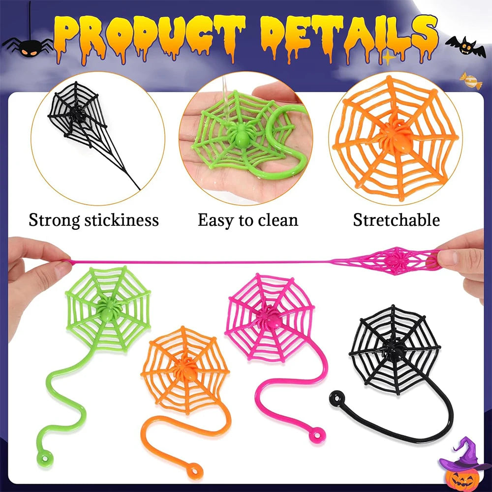 8/12/24Pcs Spider Party Favor Colorful Sticky Hands Spider Web Classroom Prizes Halloween Party Favor Spider Theme Birthday G