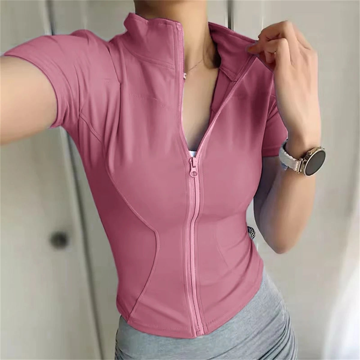 Casual Slim Sports Coat For Women Short Sleeve Solid Zipper Tops Female Cycling Running Yoga Outfit Clothes Summer Sport Jack