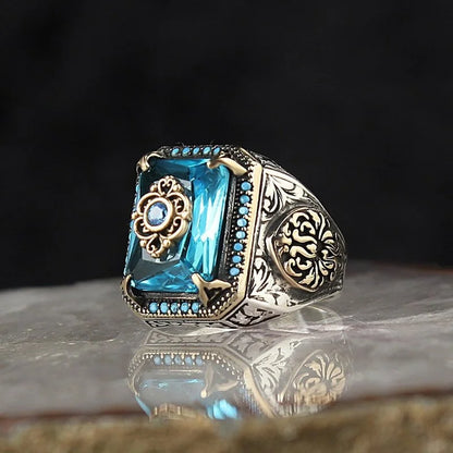 Retro Handmade Turkish Signet Ring for Men Vintage Silver Color Carving Pattern Inlay Green Zircon Party Punk Motor Biker Rin