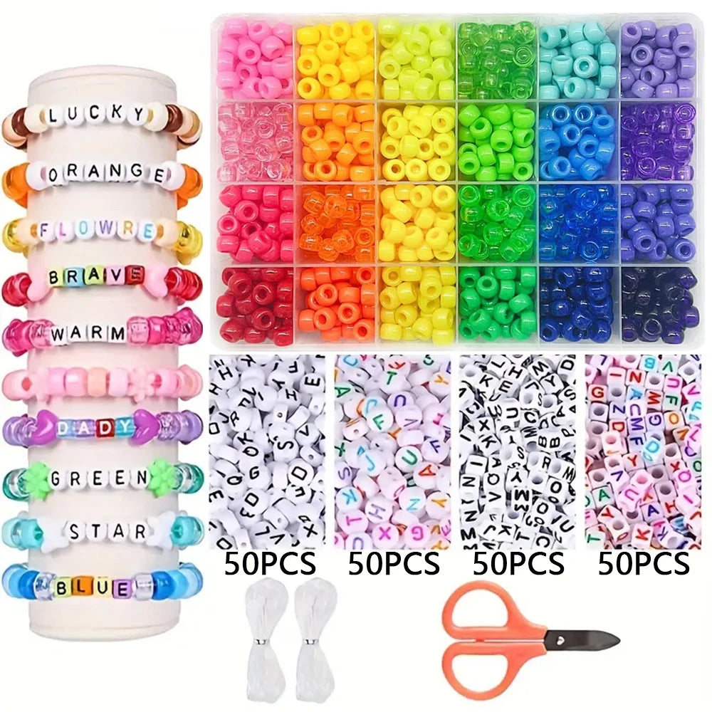 Pony Beads for Friendship Bracelet Making Kit 24 Colors Kandi Beads Set, 720pcs Plastic Rainbow Bulk and 980pcs Letter Beads 