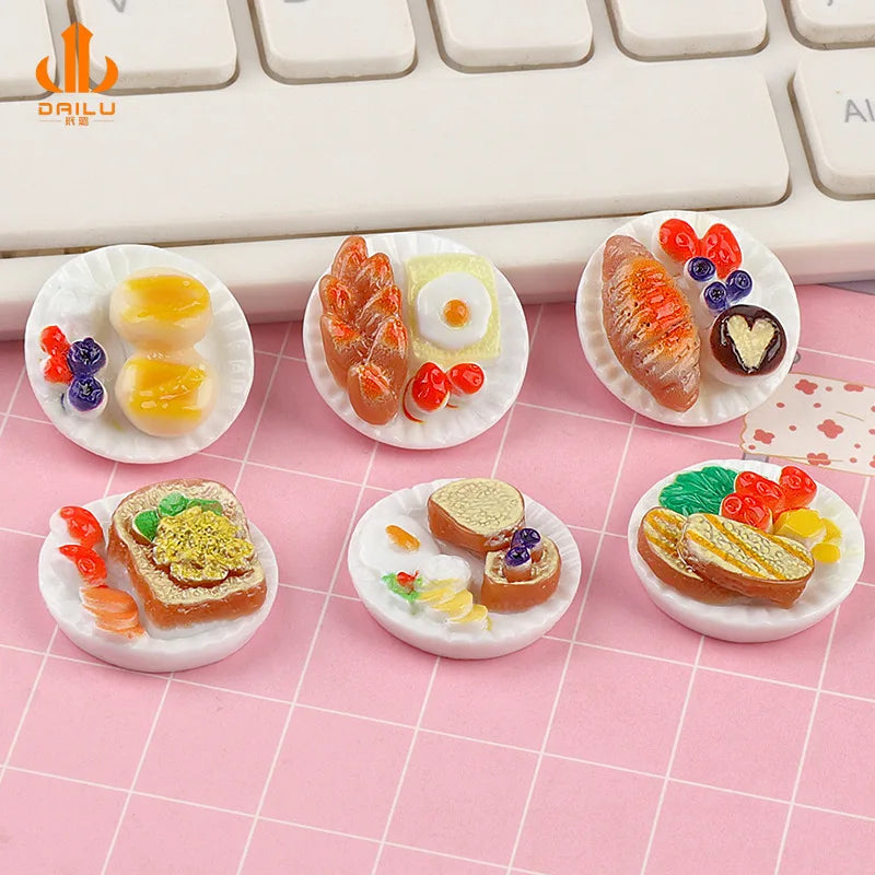 Dollhouse Mini Decor Set DIY Puzzle Tray Foodware Tableware Breakfast Afternoon Tea Scene Model Design Toy Holiday Gift - 6PC