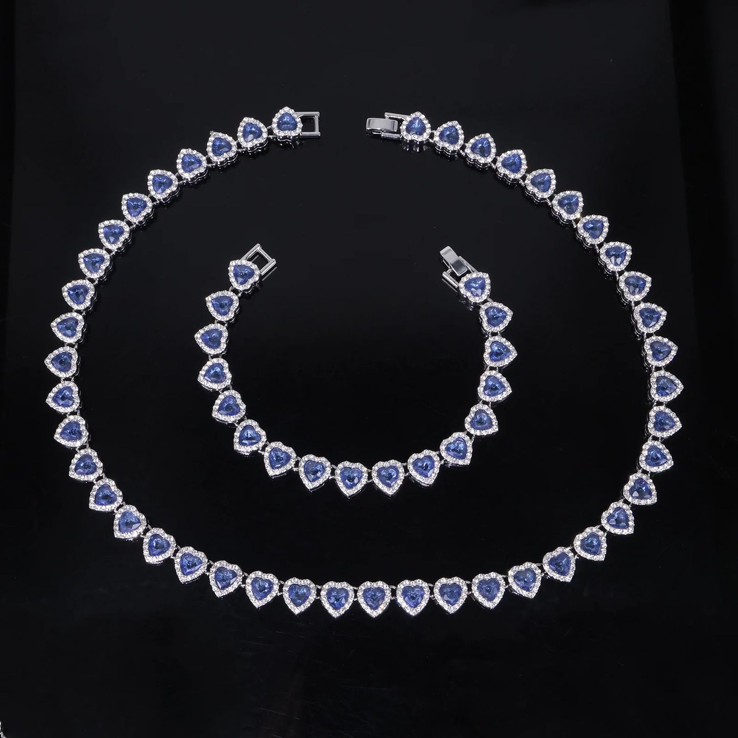 ZAKOL 45CM New Hip Hop Tennis Chain Bracelet Necklace Shiny Heart Rhinestone CZ Fashion Rock Party Jewelry Set - Blue Set