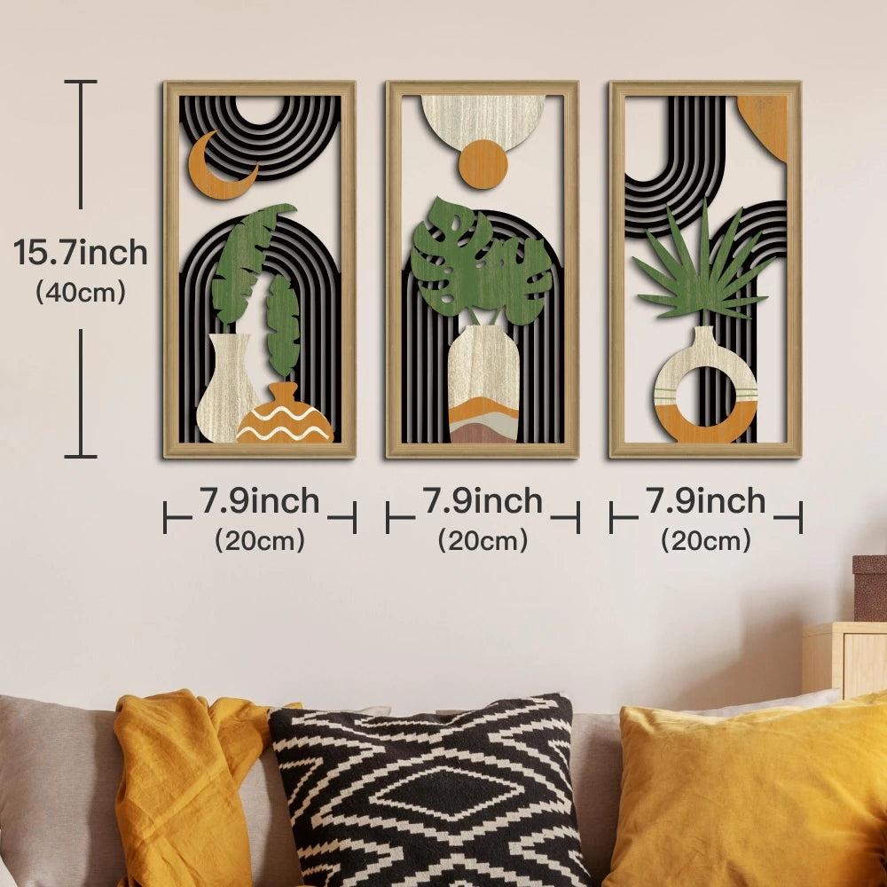 3pcs Boho style Hollow Wood Retro Rustic Leaf Pattern Wall Hanging Art Living Room Bedroom Wall Hanging Home Decoration