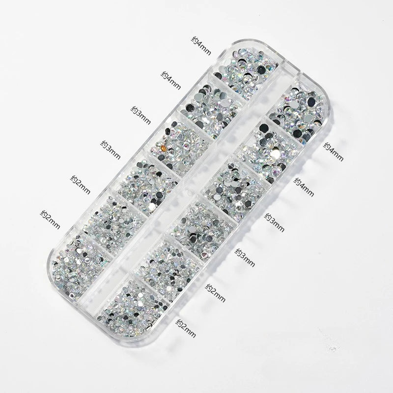 12 Grids Mixed Size Acrylic Flatback Rhinestones, 2/3/4mm Shiny Crystal Look Gems DIY Manicure Decor Charms - AB