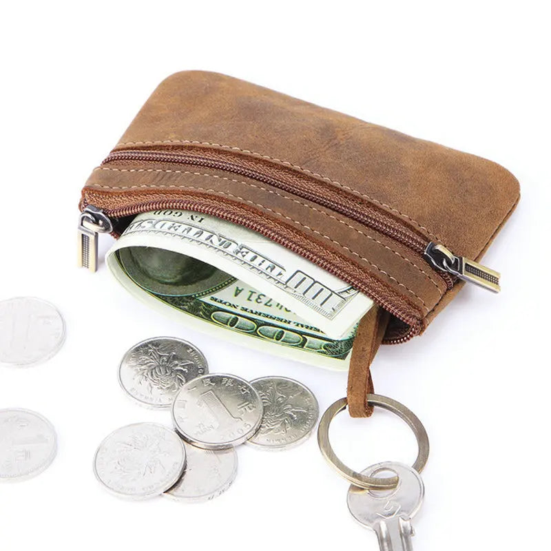 Retro Genuine Leather Coin Purse with Keychain for Men & Women Cowhide Zipper Coin Wallet Vintage Key Holder