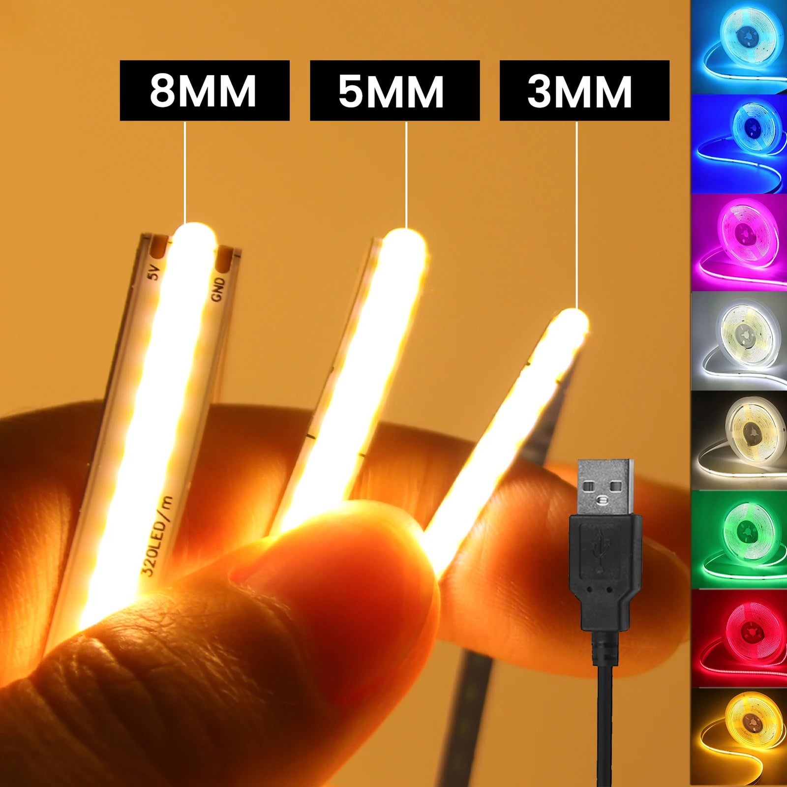 DC 5V USB COB Strip 3MM 5MM 8MM White/Pink/Red/White/Yellow/Ice Blue/Green Flexible Ribbon Rope Home Decor TV Backlight