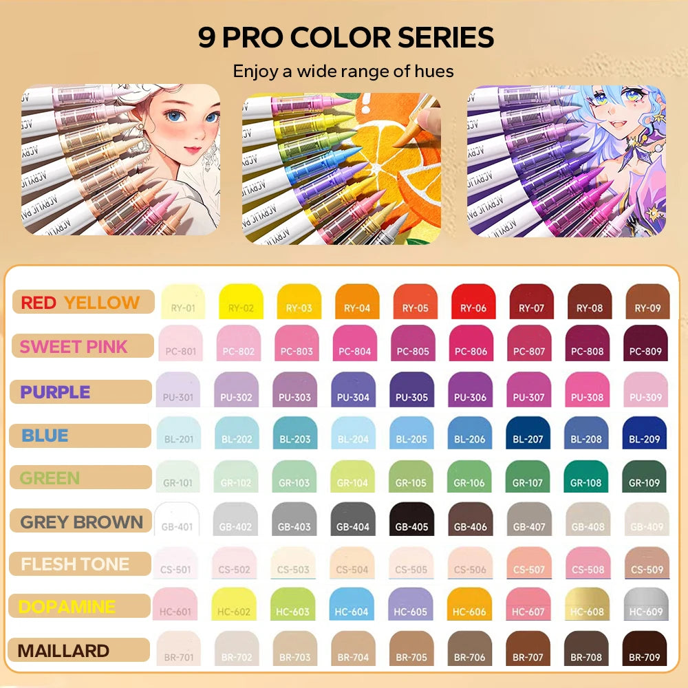 Acrylic Brush Markers Set, Assorted Pro Color Series Automatic Ink Control System Art Markers Set, 9 Count/Set
