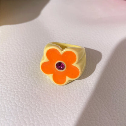2022 New Sweet Multicolor Resin Oil Drip Ring for Women Geometric Oval Flowers Beads Rhinestones Ring Cute Jewelry HangZhi - 