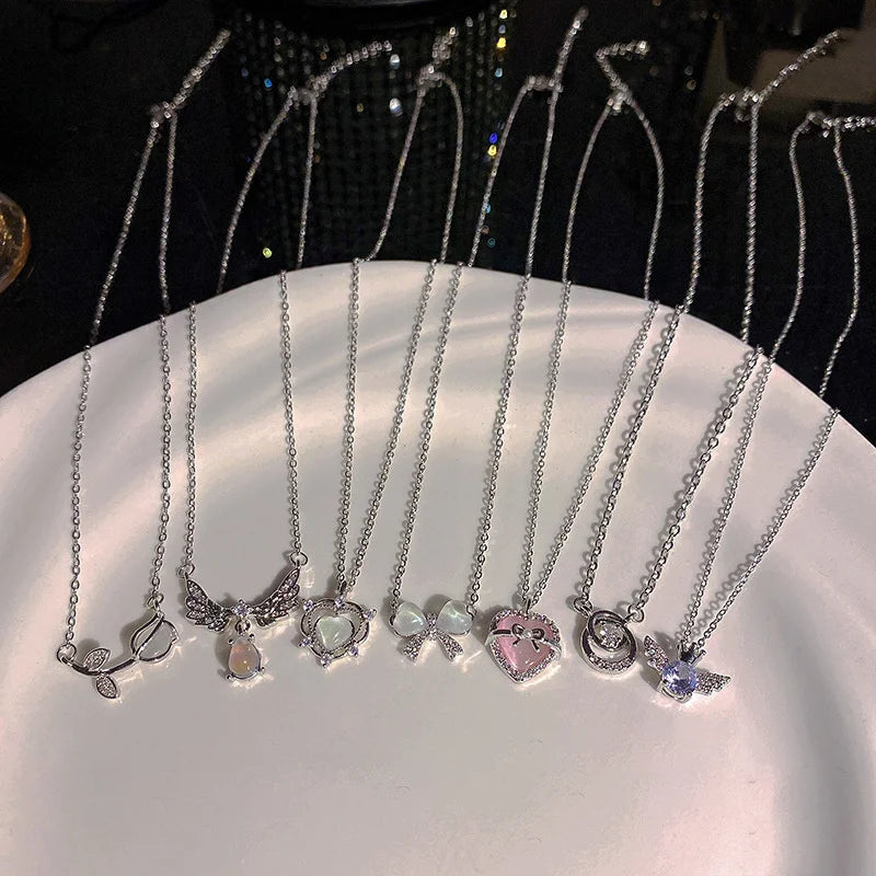 Y2K Crystal Bow Angel Wings Heart Pendant Necklace For Women Sweet Cool Girl Clavicle Chain Trendy Aesthetic Jewelry Accessor