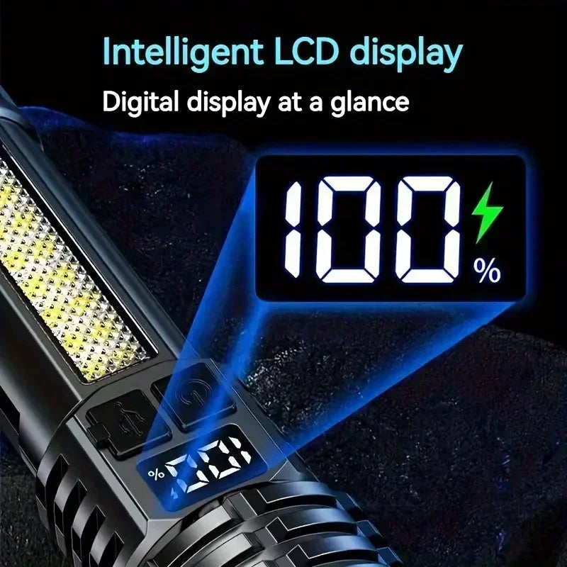 High Power LED Flashlights With Display Screen Zoom Tactical Torch Portable Rechargeable Lamp with Emergency Side Light Lante