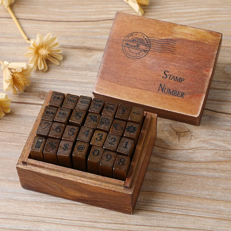 Journal Go 28pcs Alphabet Number Week Stamps Vintage Wooden Letter Stamp Set for Craft Card Making Planner Scrapbooking Journ