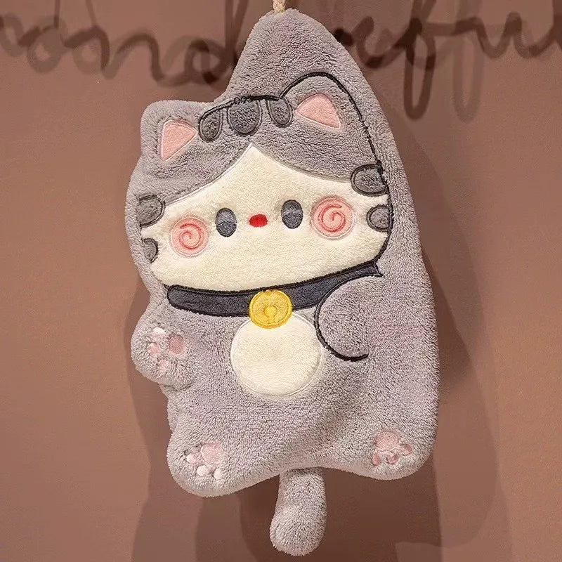 Cute Cat Hand Towel Quick Drying Kitchen Cleaning Rag Coral Velvet Cartoon Animal Absorbent Bathroom Hanging Towel Home Suppl