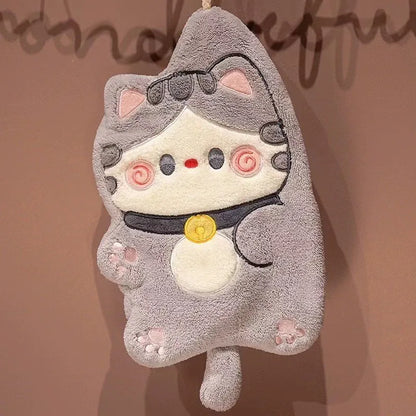 Cute Cat Hand Towel Quick Drying Kitchen Cleaning Rag Coral Velvet Cartoon Animal Absorbent Bathroom Hanging Towel Home Suppl