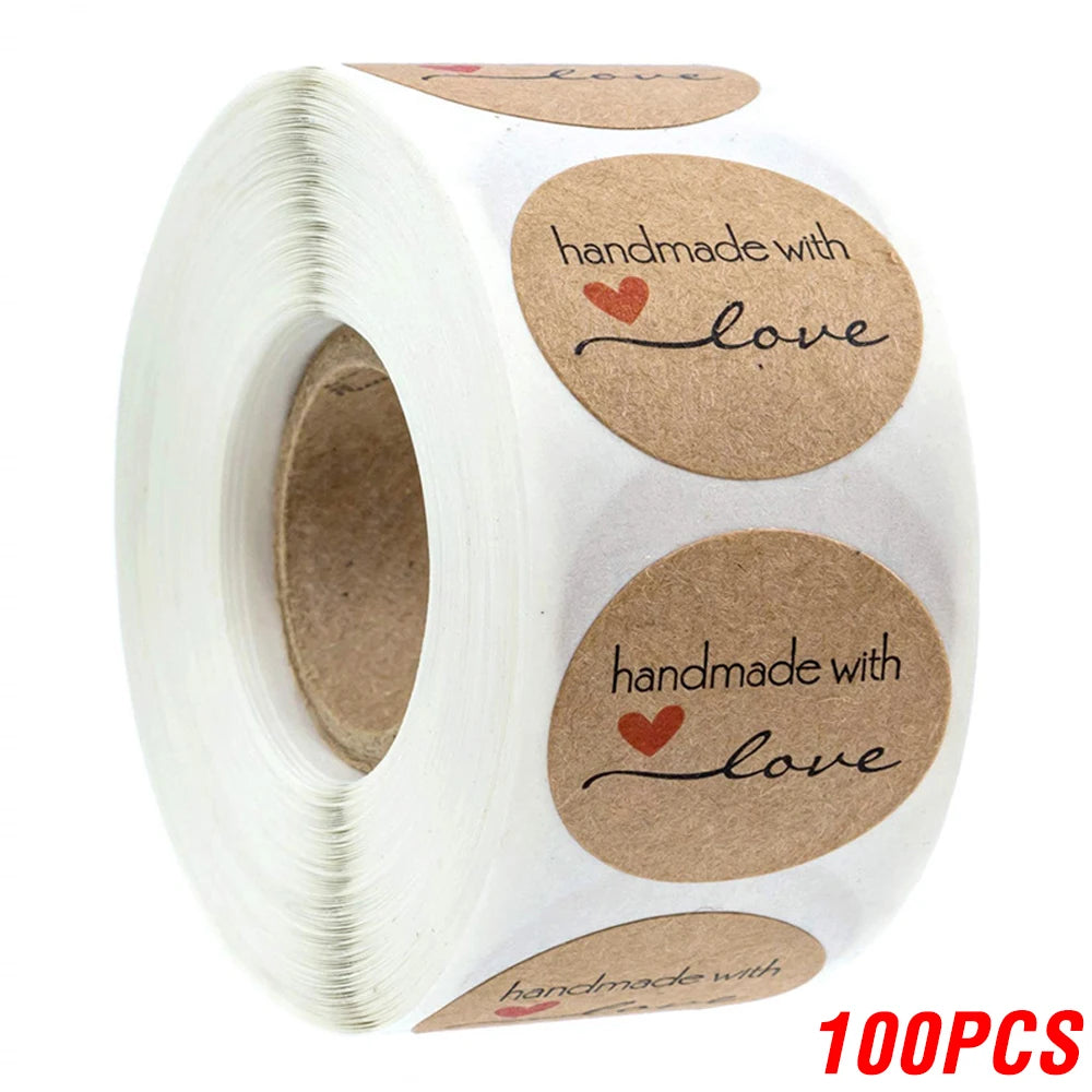 100-500pcs 1inch Vintage Kraft Paper Handmade With Love Stickers for Package Thank You Stationery Adhesive Labels Baking Seal