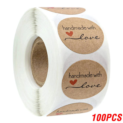 100-500pcs 1inch Vintage Kraft Paper Handmade With Love Stickers for Package Thank You Stationery Adhesive Labels Baking Seal