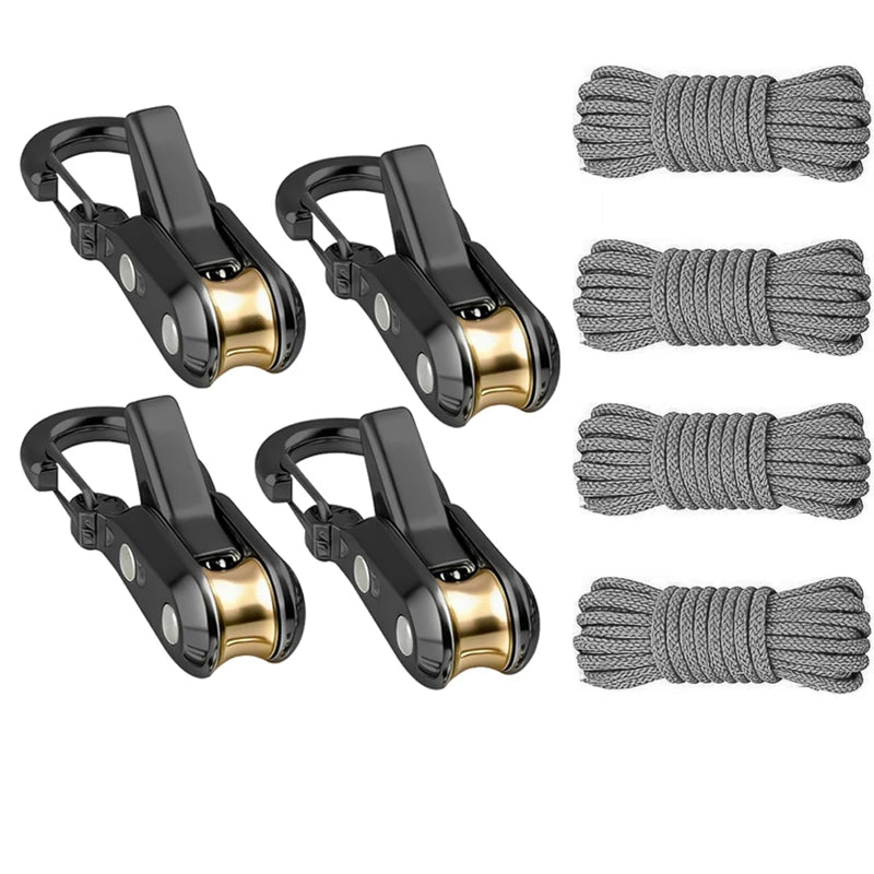 Rope fasteners and tensioners - High-strength retractable paracord with alloy carabiners and windproof binding straps - 4pcs 