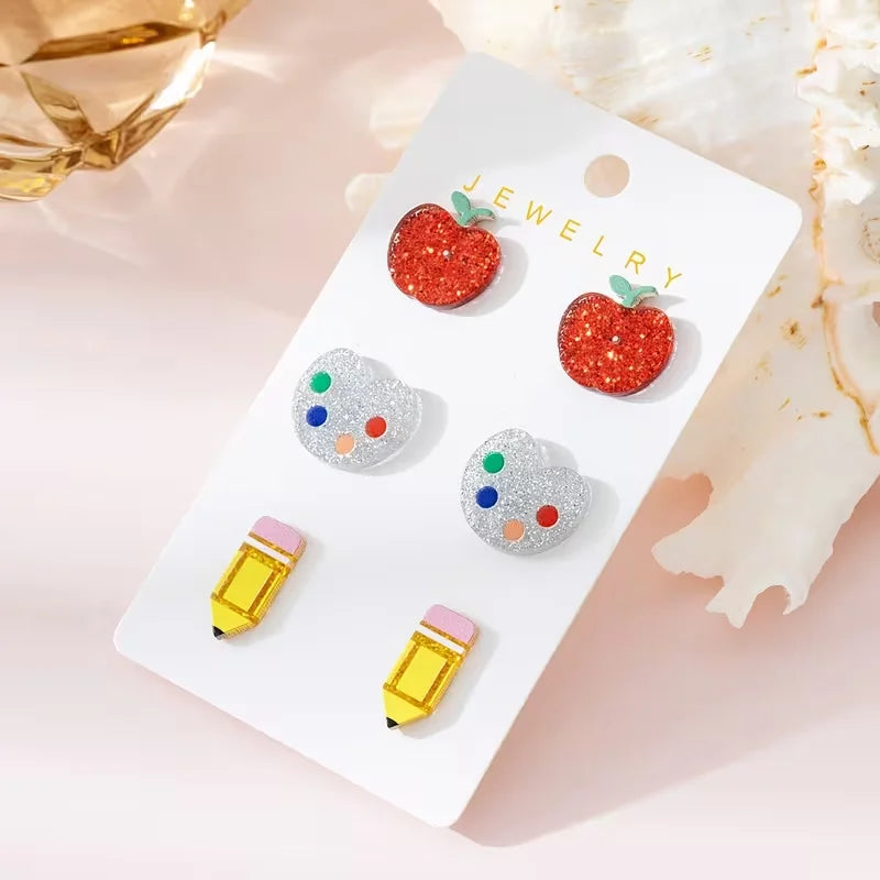 3 Pairs/Set Teacher's Day Colorful Apple Painting Pen Design Women's Jewelry Earrings Set, Gift for Teachers and Classmates