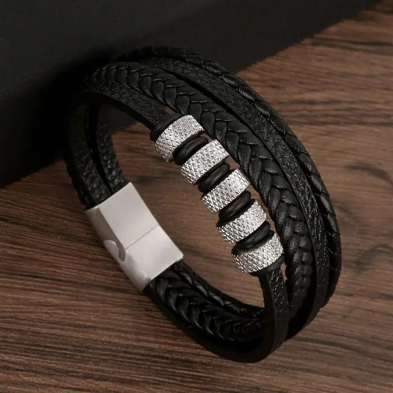 Classic Men's Leather Bracelet New Style Hand-woven Multi-layer Combination Accessory Fashion Man Jewelry - B1 / 19cm