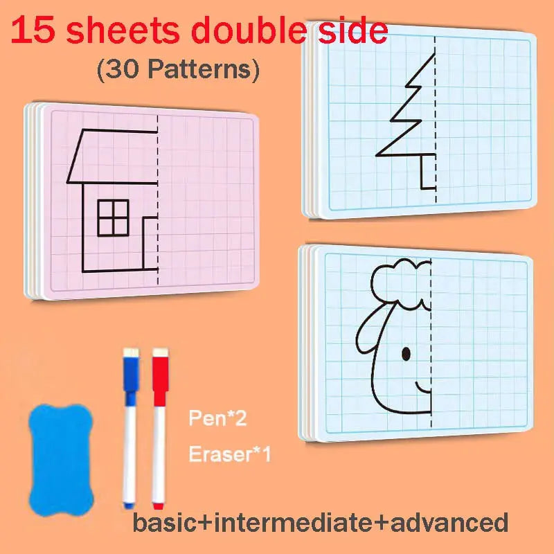 30 page children's grid symmetrical drawing toy focuses on fine motor skills writing and 4-color brush control training drawi