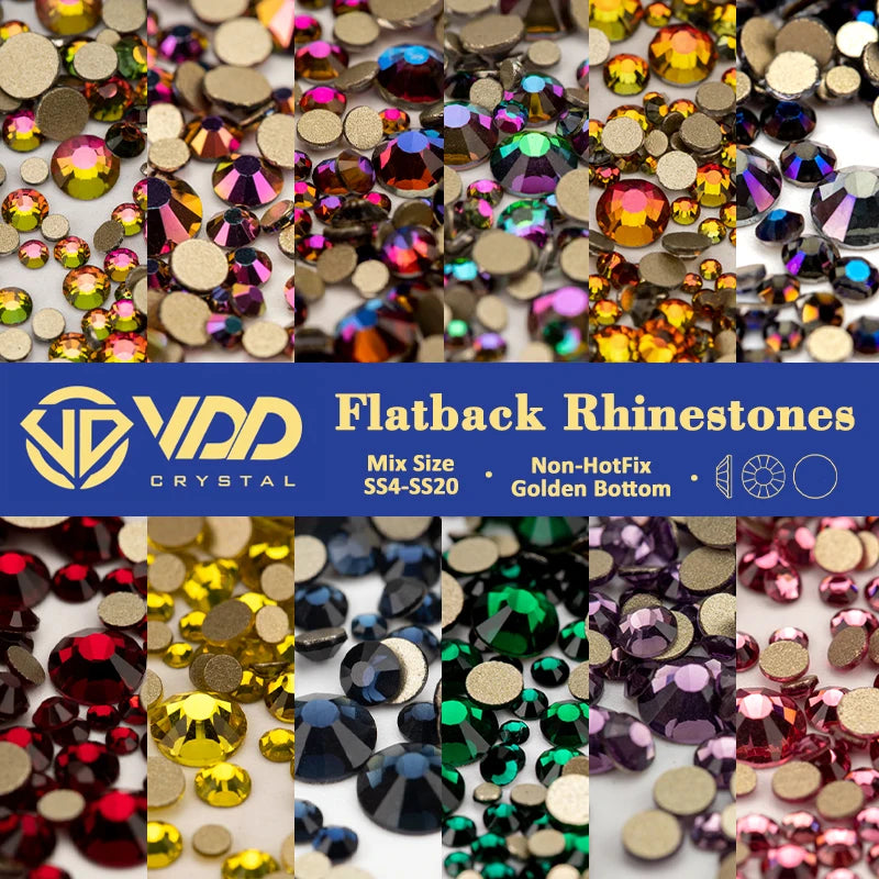 VDD SS4-SS20 Mix Size Clear Crystal Non-Hotfix Gold FlatBack Rhinestones Decorations DIY Glitter Stones 3D Nail Art Accessori