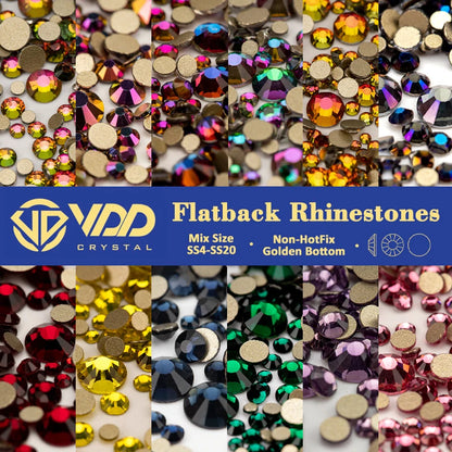 VDD SS4-SS20 Mix Size Clear Crystal Non-Hotfix Gold FlatBack Rhinestones Decorations DIY Glitter Stones 3D Nail Art Accessori