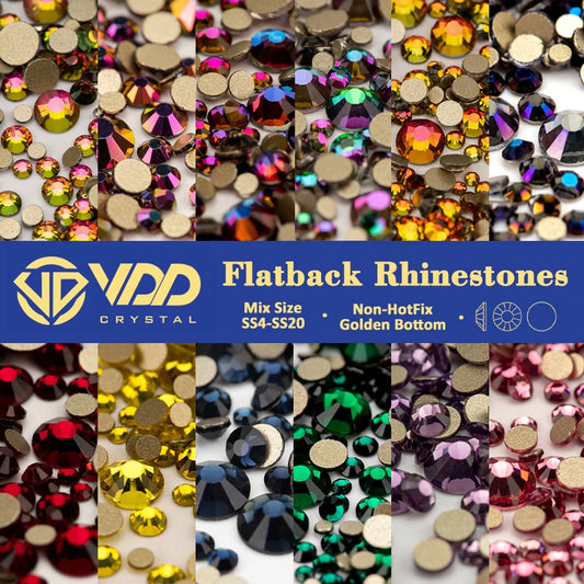 VDD SS4-SS20 Mix Size Clear Crystal Non-Hotfix Gold FlatBack Rhinestones Decorations DIY Glitter Stones 3D Nail Art Accessori