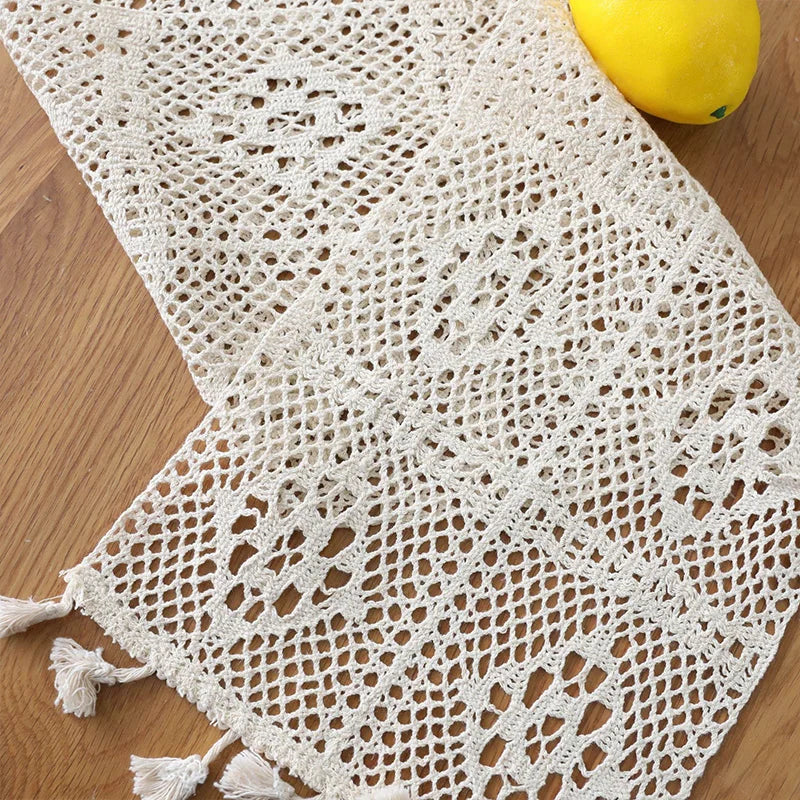 Table Runner Beige Christmas Crochet Lace Cotton Blended Fabric with Tassel For Coffee Table Decor Wedding Decoration - Table