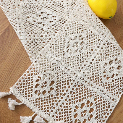 Table Runner Beige Christmas Crochet Lace Cotton Blended Fabric with Tassel For Coffee Table Decor Wedding Decoration - Table