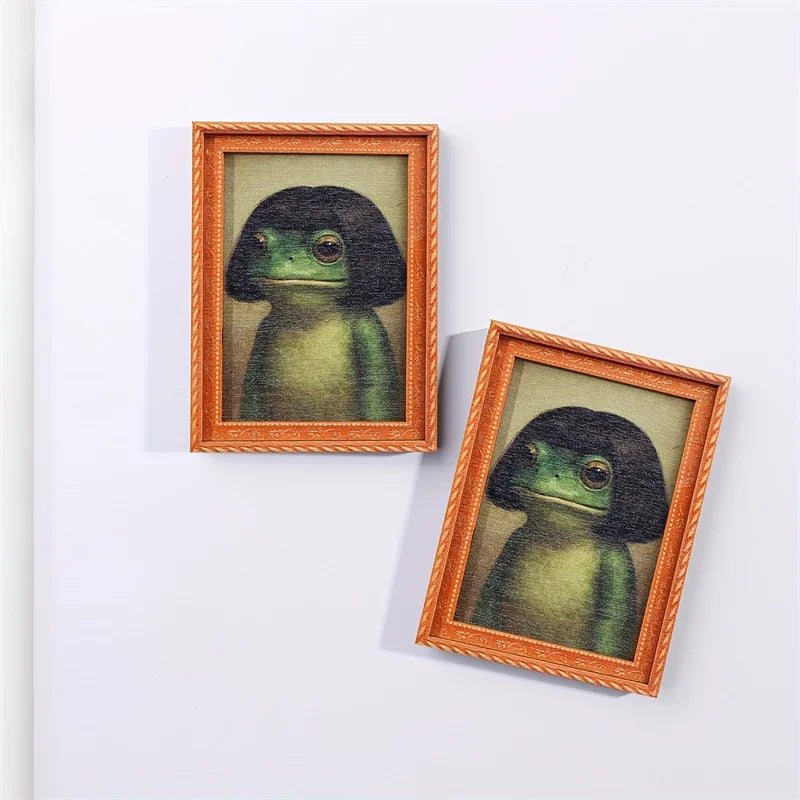 1Pc Mini Wooden Photo Frame Frog Fridge Magnet Funny Green Frog & Haircut Modern Kitchen Decor Durable Refrigerator Ornament