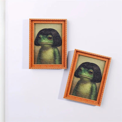 1Pc Mini Wooden Photo Frame Frog Fridge Magnet Funny Green Frog & Haircut Modern Kitchen Decor Durable Refrigerator Ornament