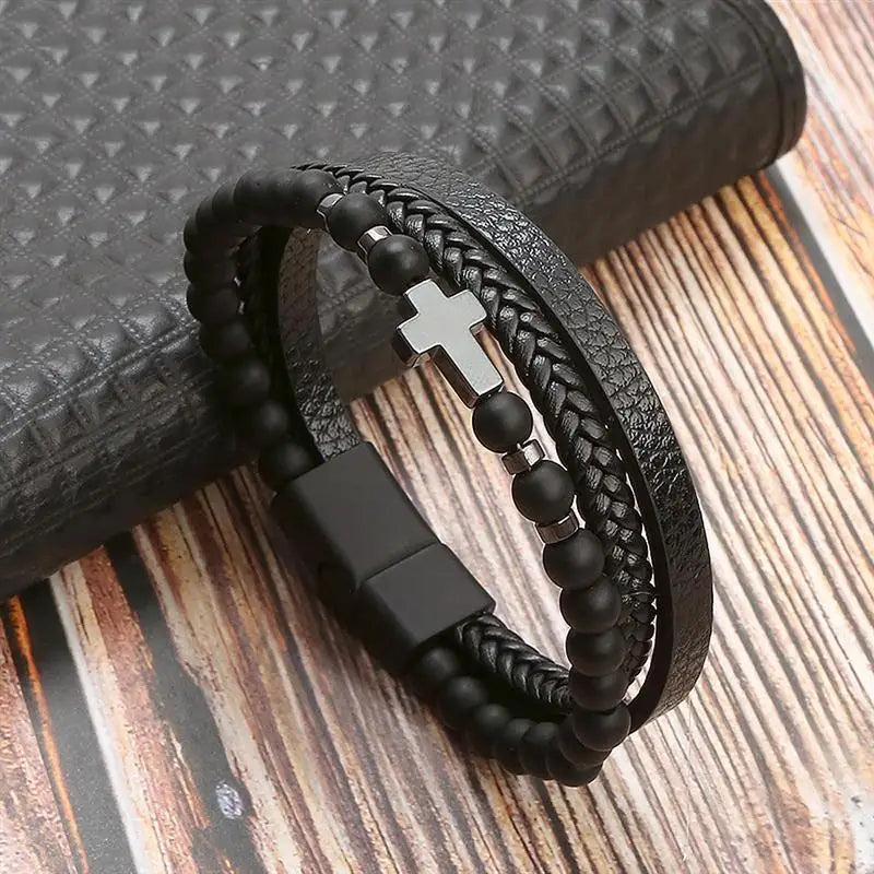 Classic Men's Leather Bracelet New Style Hand-woven Multi-layer Combination Accessory Fashion Man Jewelry - H2 / 21cm
