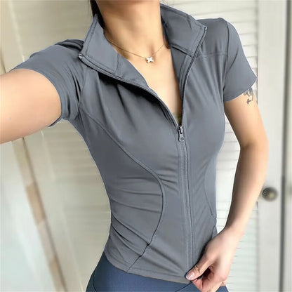 Casual Slim Sports Coat For Women Short Sleeve Solid Zipper Tops Female Cycling Running Yoga Outfit Clothes Summer Sport Jack
