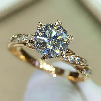 Huitan Classic 6 Claw Cubic Zirconia Rings for Women Luxury Gold Color Wedding Engagement Bands Eternity Lady Jewelry