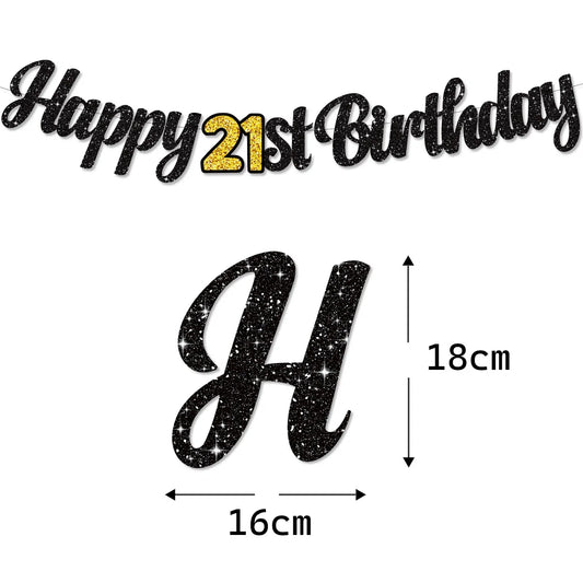 Black Gold Happy 21 30 40 50 60 70th 80th 90th Birthday Banner Garland Hanging for DIY Adult Party Decoration