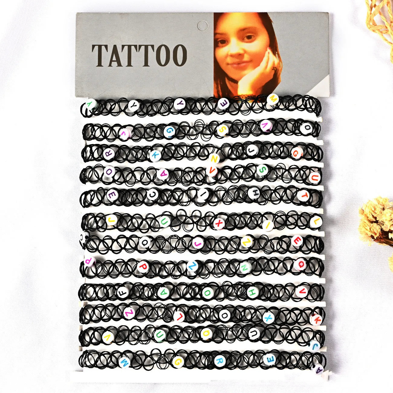 12pcs/lot Vintage Hippy Stretch Tattoo Choker Necklace Elastic Chocker Necklace Fishing Line Tattoo Colorful Necklace - Style