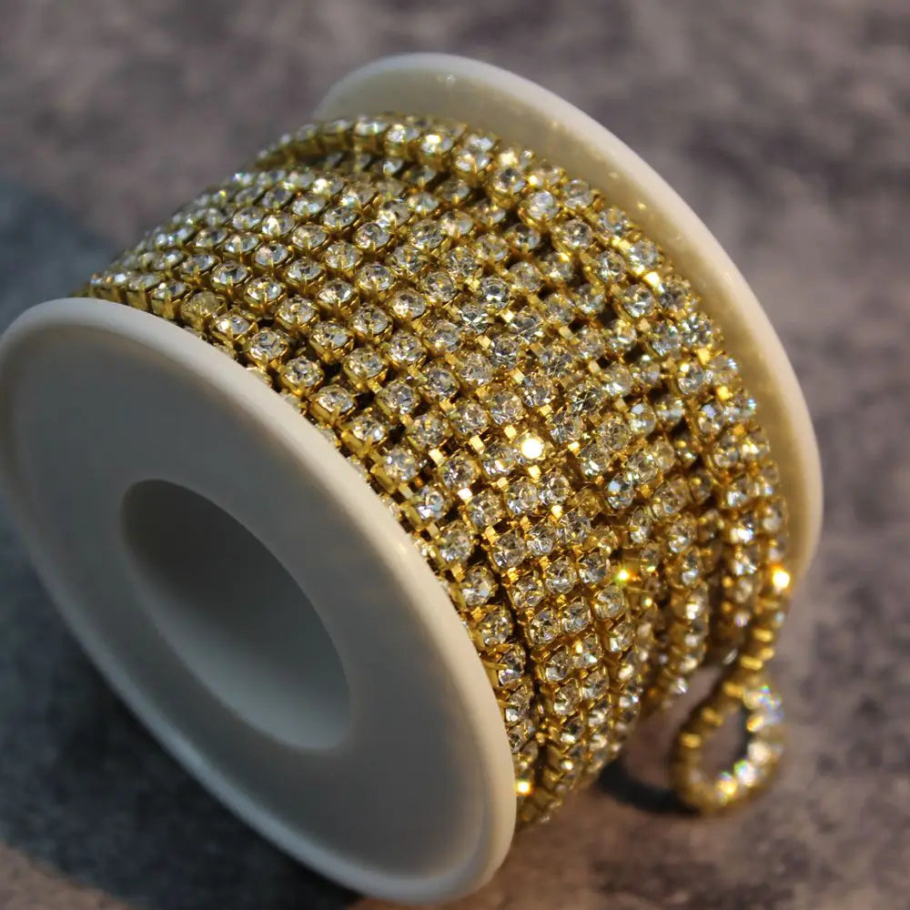 Rhinestones Chain Roll Tassel 1/10Yard Crystal Ribbon Strass Banding Sew On Gold Rhinestone Trim Strip Cup Chains For Needlew
