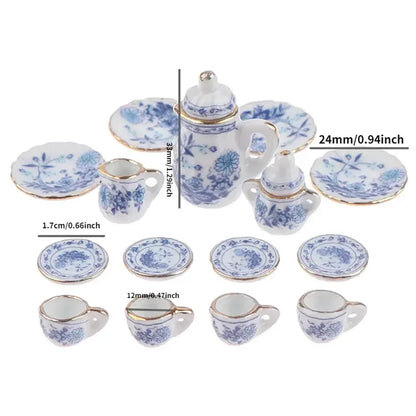 15Pcs/Set Vintage Miniature White Porcelain Tea Set Pot Cup Plate Tableware Dollhouse House Model Room Items Furniture Decor