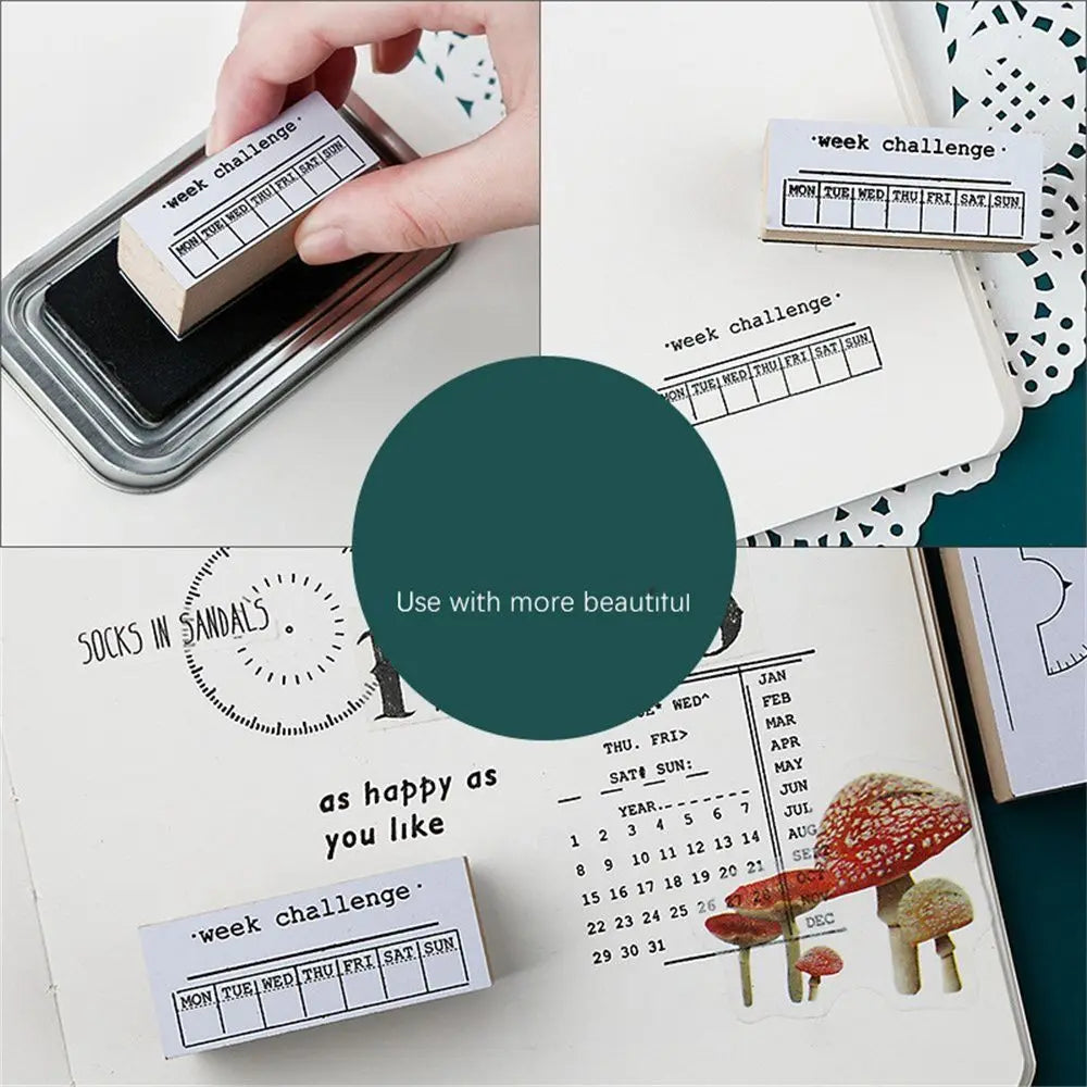 DIY Decoration Wooden Journal Stamps Set Basic Function Scrapbooking Daily Plan Monthly Schedule Stationery Habit Tracker