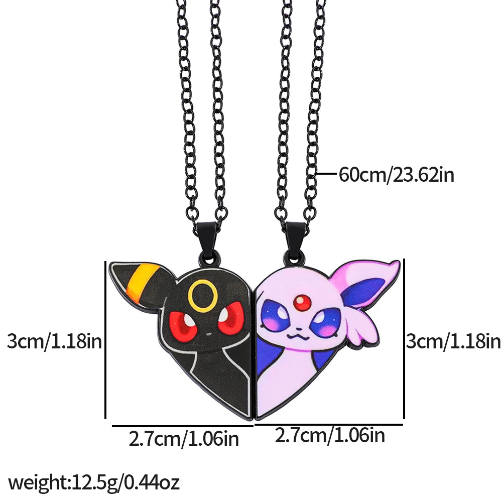 2-piece cute Eevee cartoon pendant necklace with heart patchwork, anime-style metal necklace