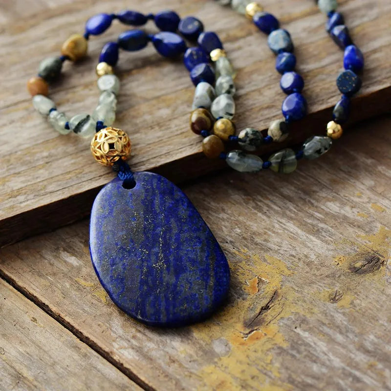 Bohemian Women Lariat Strand Necklace Random Semiprecious Stone Lapis Pendant Necklace Boho Jewelry