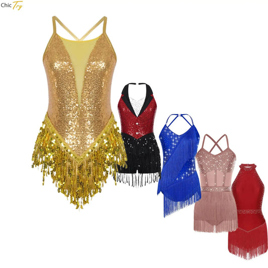 Women Ballet Latin Dance Clothes Shiny Sequins Tassel Leotard Bodysuit Girl Group Dancer Singer Concert Performance Costumes